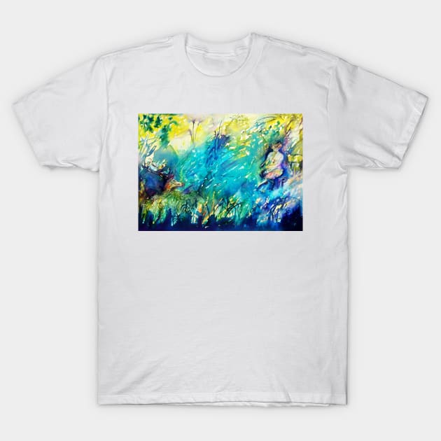 FLUTE PLAYING PAN AND DEER IN GREEN FOREST T-Shirt by BulganLumini